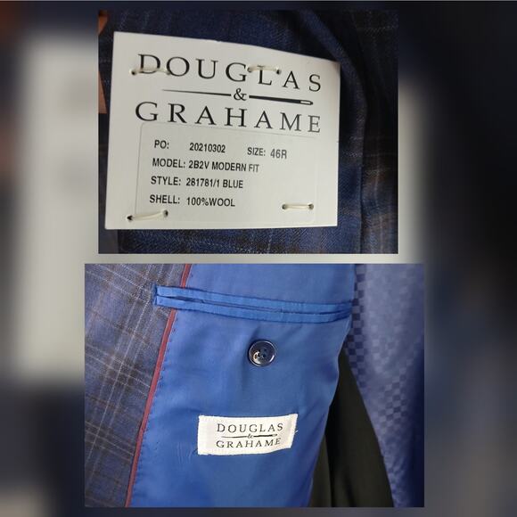 Douglas & Grahame Men's SZ 46R 100% Wool 282V Modern Fit Blazer Blue Plaid NWT - Picture 7 of 7